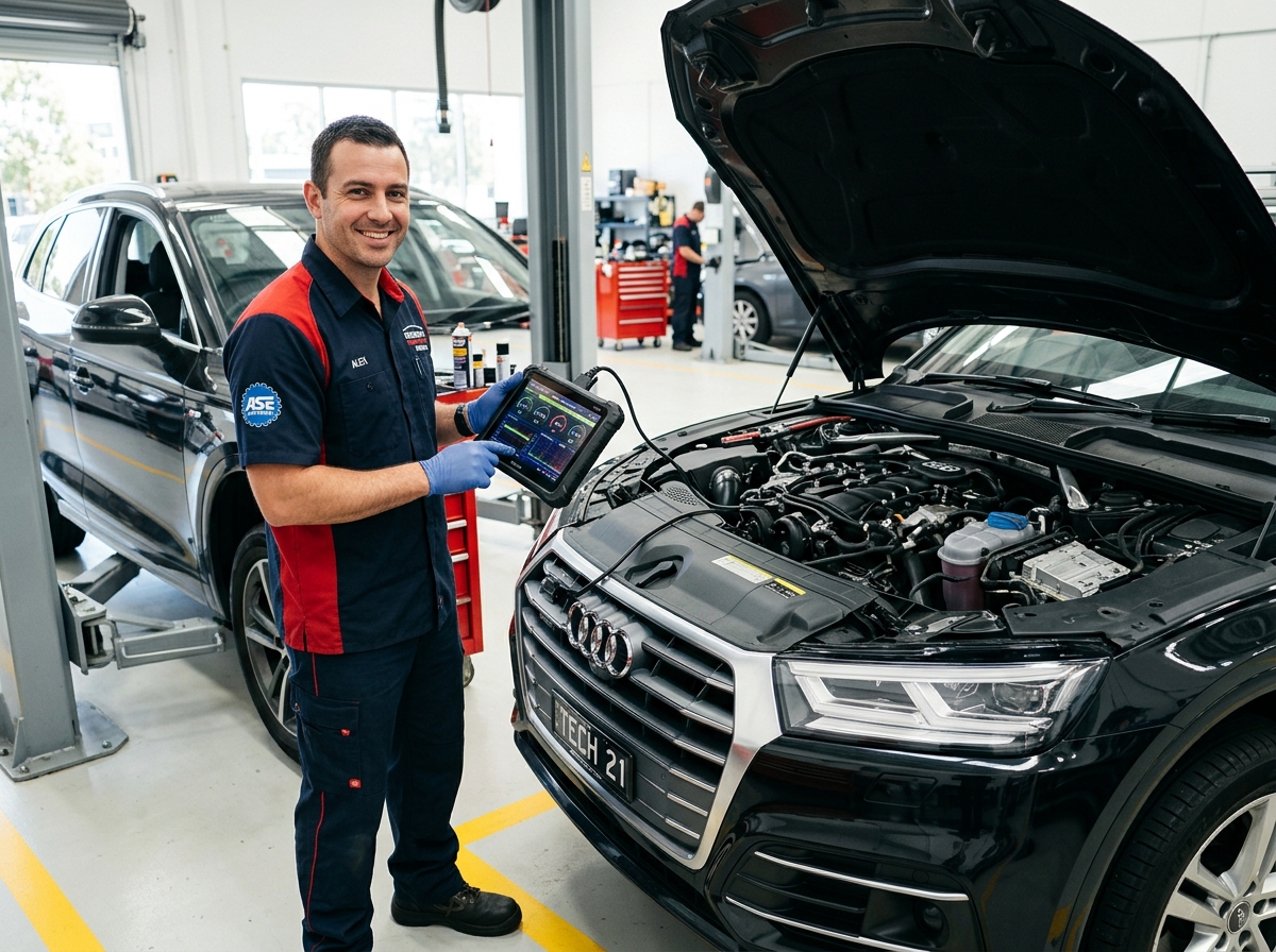 Técnico automotriz utilizando tablet de diagnóstico